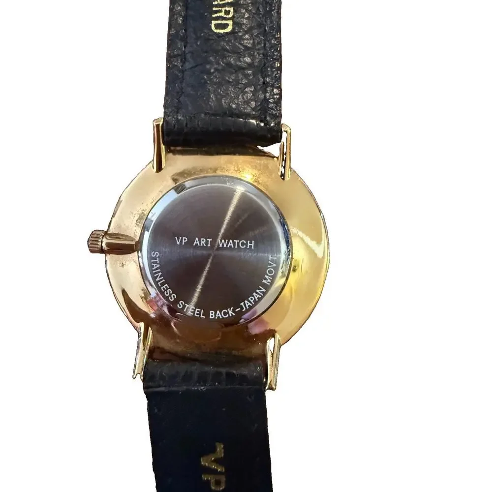 Vintage VP Picasso Art Watch 32mm Gold Black Lizard Strap Quartz. New Battery